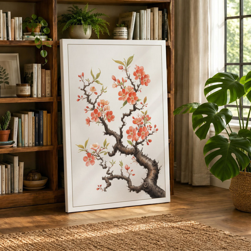 Cherry Blossom Branch Japandi 1 Piece Wrapped Canvas Wall Art, 24x16 - 61.0 x 40.6 cm, White Border