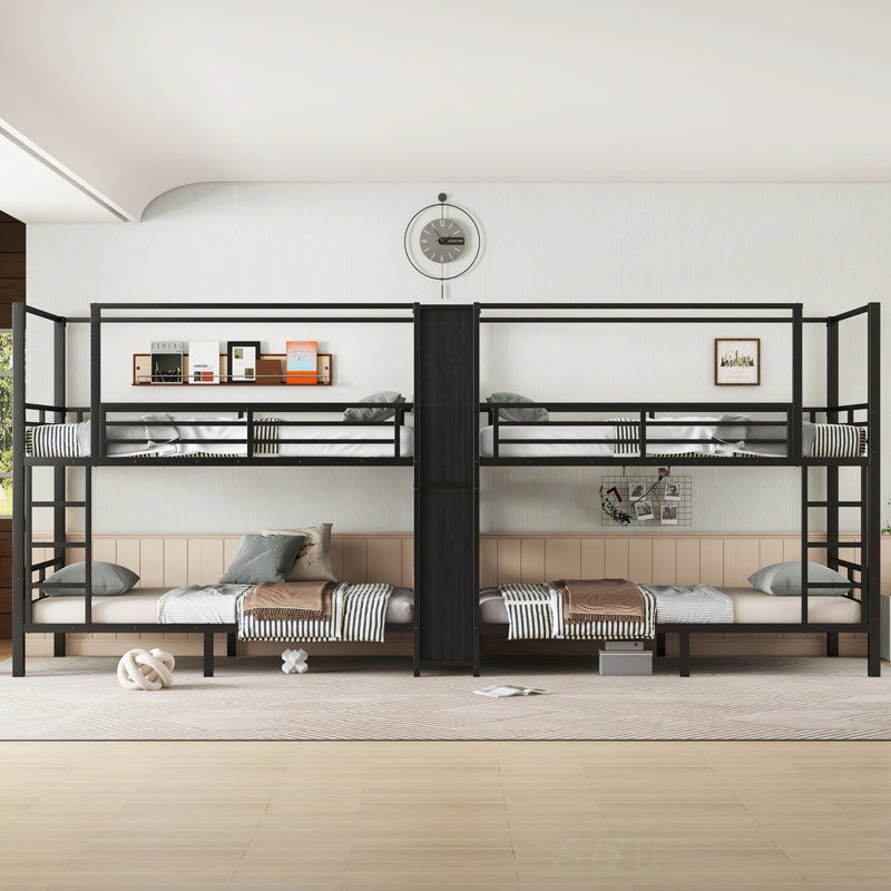 Twin Size Quadruple Metal Bunk Bed With Built-In Storage, Sturdy Frame, And Noise-Reduced Design For Optimal Space Utilization And Safety