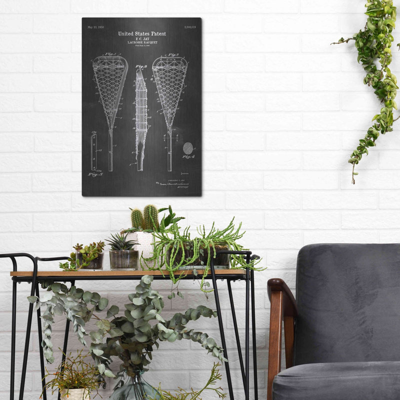 «Lacrosse Racquet Blueprint Vernis», art mural en métal, 24 po x 36 po, H 16 po x l 12 po