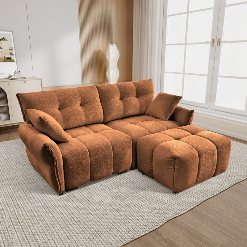 Chenille Upholstered 2-Seater Sectional Sofa With Ottoman, Burnt Orange Chenille