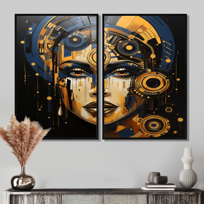 Tribus expressives noires et dorées femme africaine III - décoration murale noire 2 pièces