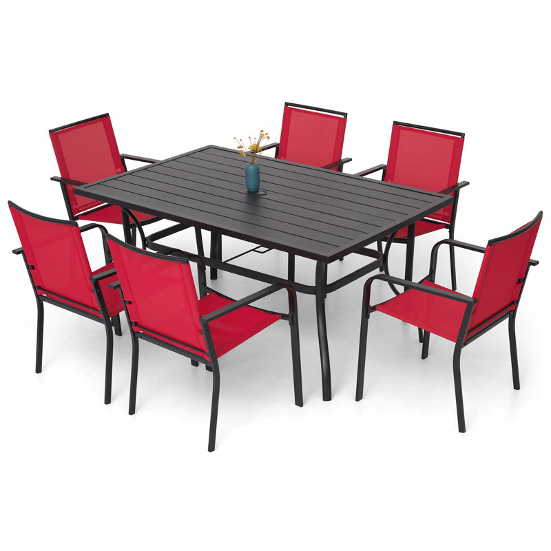 6 - Person Rectangular Steel Outdoor Table With Stackable Chairs, Red