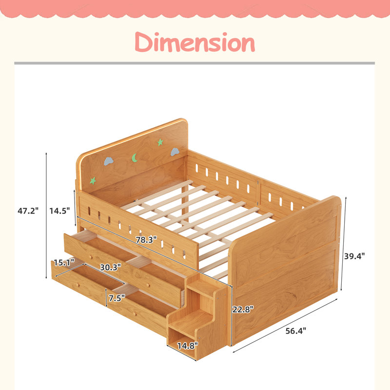 Lit double en bois avec lumière DEL, tiroirs de rangement, Bois