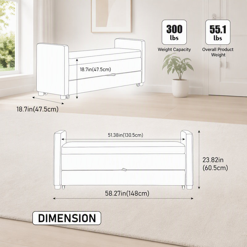 Banc de rangement rembourré moderne de 58,27 po de largeur avec double espace de rangement, Grey