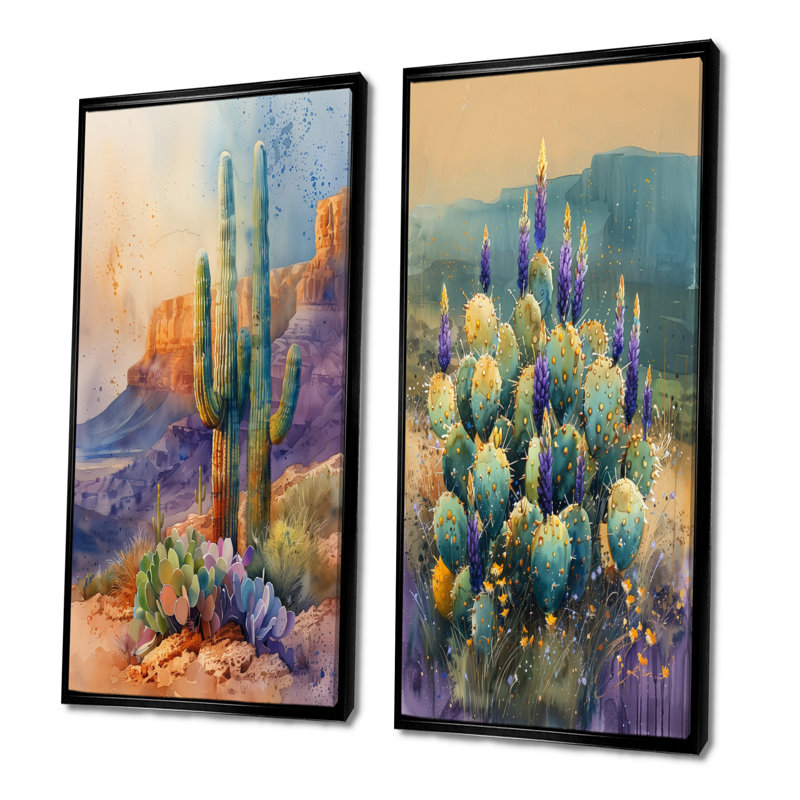 Cactus vert mauve, désert, merveille I - ensemble de 2 cactus floraux, H 40 po x l 40 po, Impression encadrée
