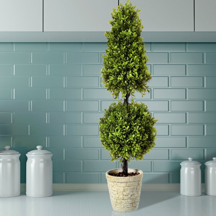 36'' Faux Boxwood Topiary in Wood Planter