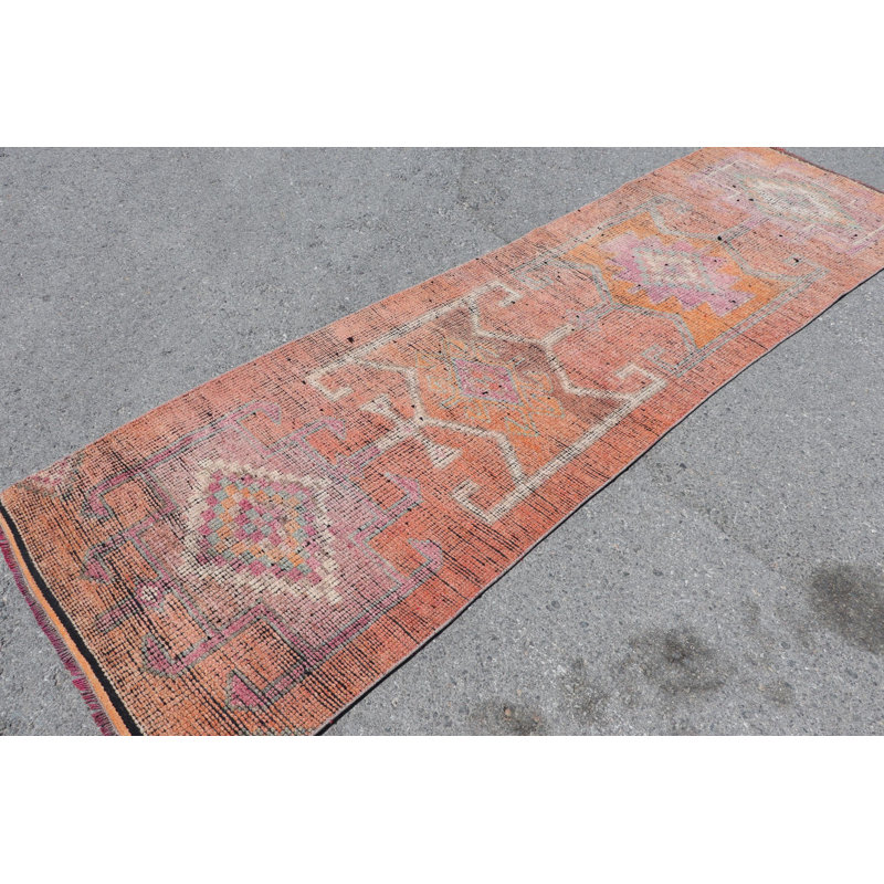 Chemin de table turc vintage fait à la main en laine orange et rose avec motif géométrique, idéal pour les couloirs et les couloirs