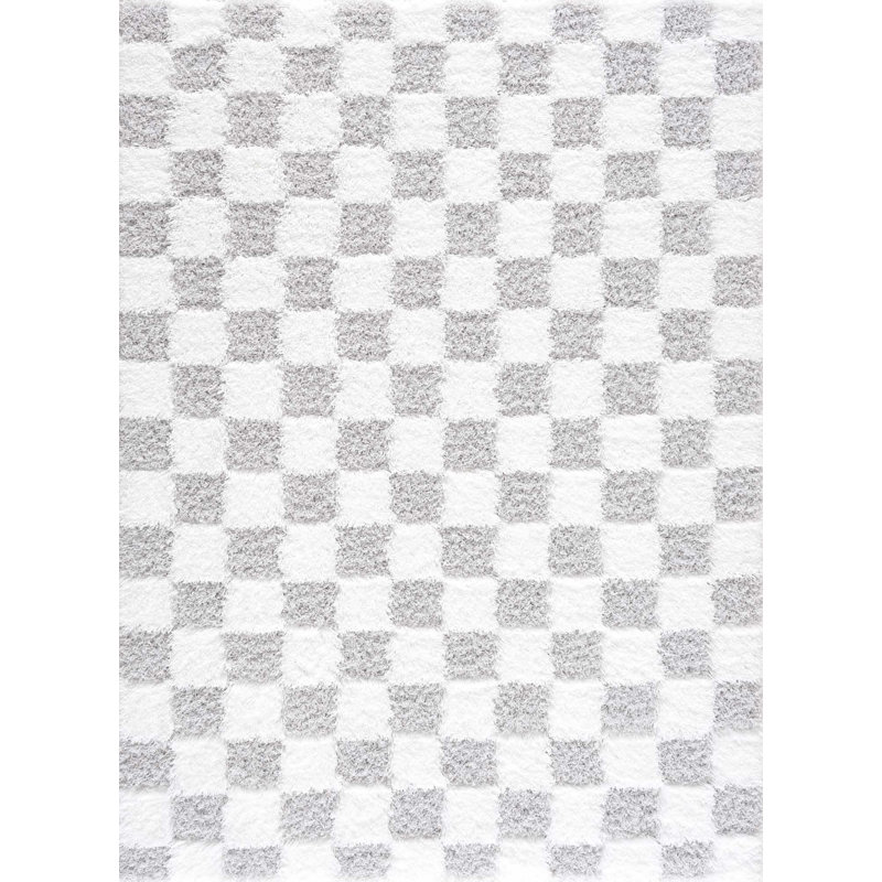 Atiran Checkered Plush Pile Gray Area Rug, Rectangle 8'10" x 12'