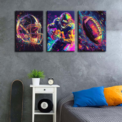 3Pcs Football Canvas Wall Art Graffiti Rugby Gaming Cool Sports Theme Wall Decor Pictures Colorful American Football Player Posters Prints For Kids Room Teen Bedroom Decoration
