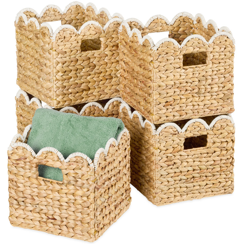  Scalloped 10.5 X 10.5In Hyacinth Storage Basket Set Of 5 - Natural With White Trim, Natural/White