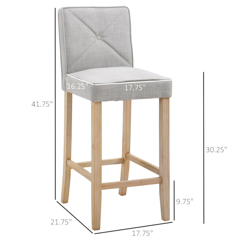 HOMCOM Modern Bar Stools Set Of 2, Upholstered Bar Height Kitchen Stools With Build-In Footrest, Solid Wood Legs, Beige