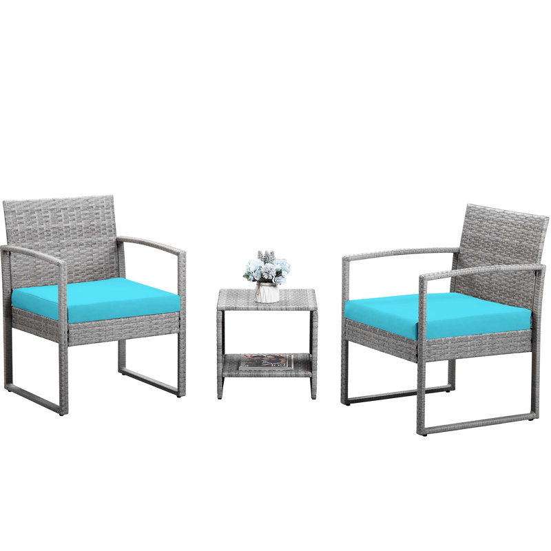 3 Pieces Patio Sets, Outdoor Conversation Porch Bistro Sets Rattan Wicker Small Furniture Chairs With Coffee Table, Blue