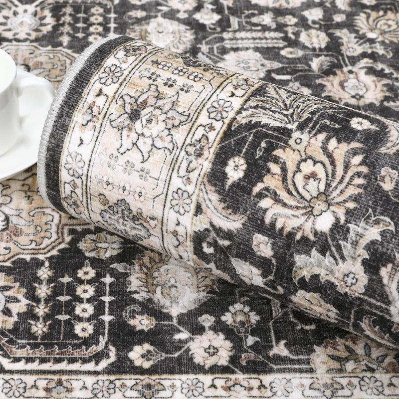 Large Dining Room Rugs 10x13 Medallion Accent Carpet with Non Slip Backing, Non Shedding Traditional Indoor Mats, Machine Washable Thin Floor Cover for Bedroom, Kitchen