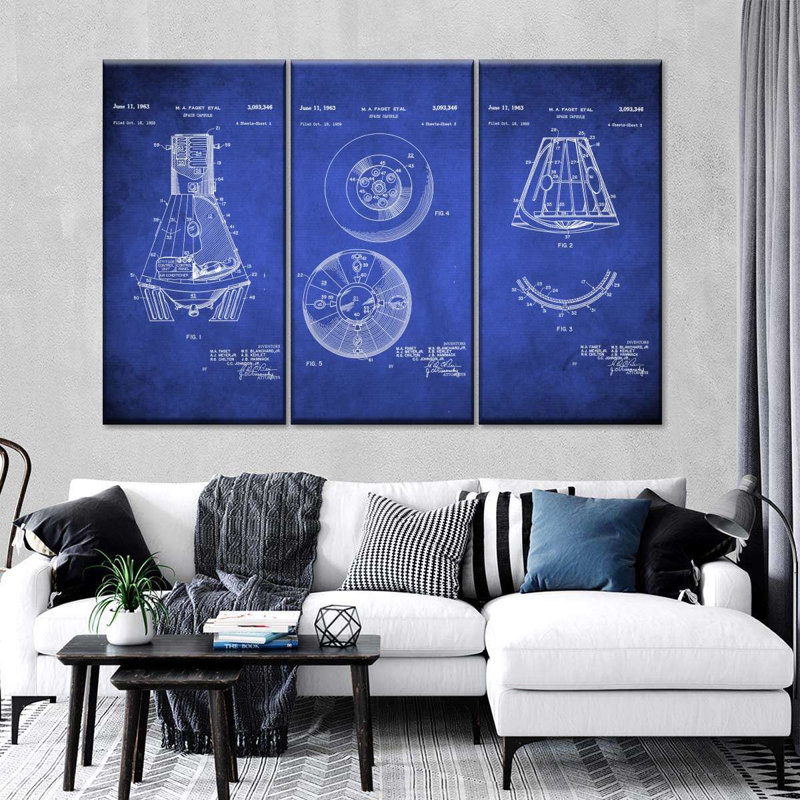 Génie et machines Blueprints Space Capsule, brevet bleu sur toile, ensemble de 3 pièces, H 20 po x l 33 po