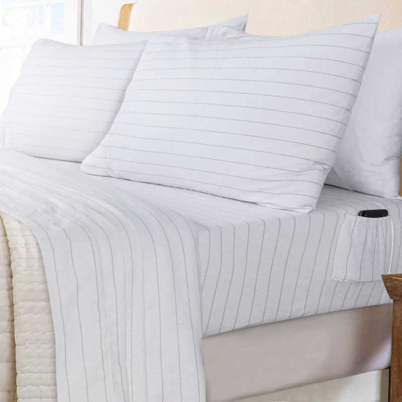 Colyt 100% Cotton Flannel Sheet Set, Twin XL Case Pack + Fitted Sheet + 2 Pillowcases, White Pin Stripe