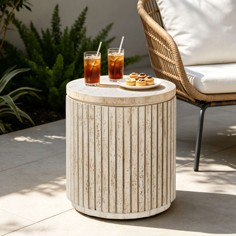 Table d'appoint ronde ronde avec motif cannelé, Antique Beige