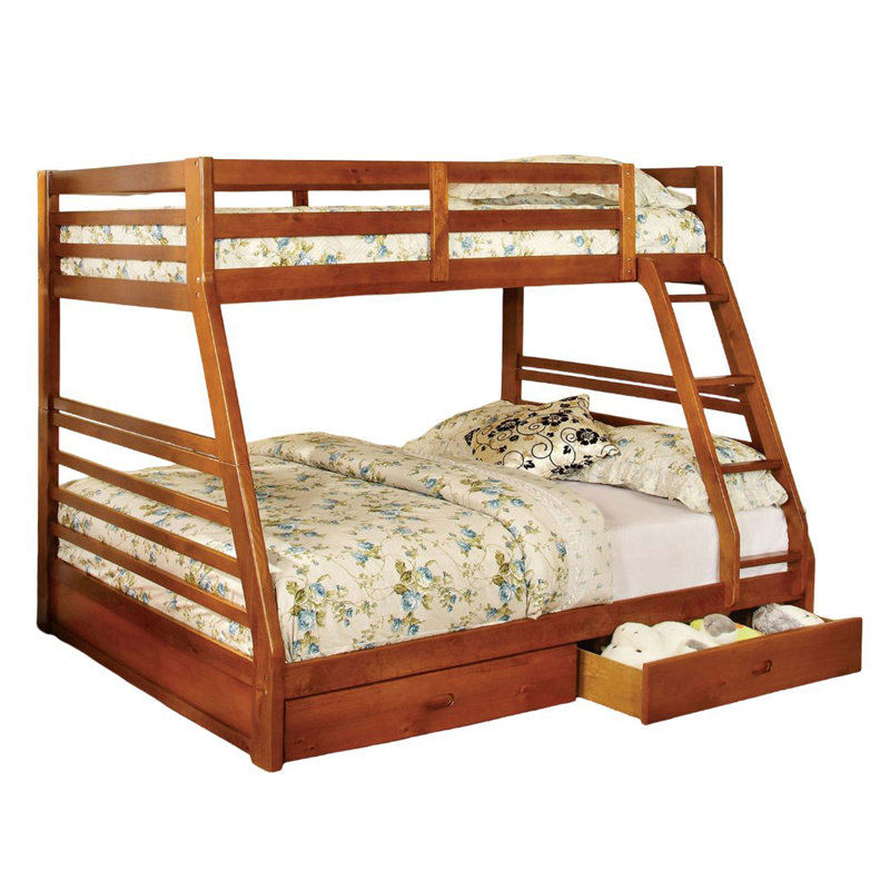 Lit simple superposé au dessus d'un lit double de style transitionnel moderne comprenant deux grands tiroirs pour le rangement sous le lit et une échelle attachée