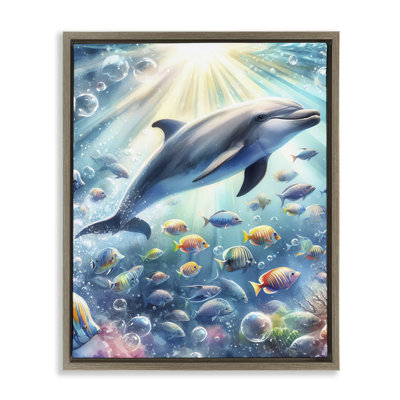  Dolphin Among Sea Life Floater Canvas Wall Art by LSR Design Studio