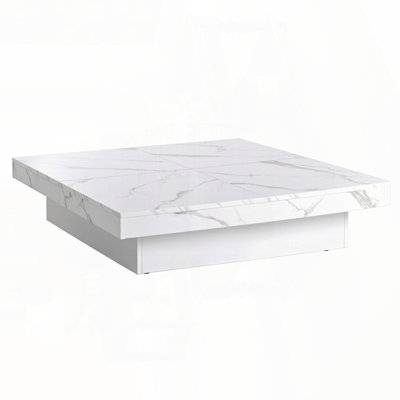 Square Coffee Table with Sliding Marble Veneer Top and Storage – White