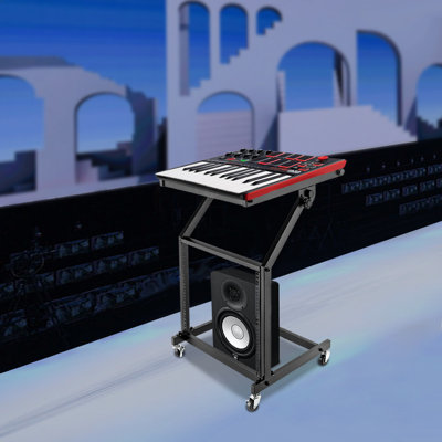 Support de table de mixage DJ 9U à 2 niveaux, support audio robuste en fer avec 4 roulettes et 6 positions d'inclinaison réglable, support mobile pour équipement DJ pour scène, mariage et spectacles en direct