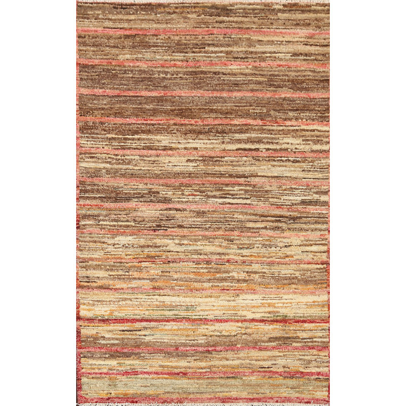 Tapis brun en laine noué à la main de conception unique 2 pi 11 po x 4 pi 10 po New Age