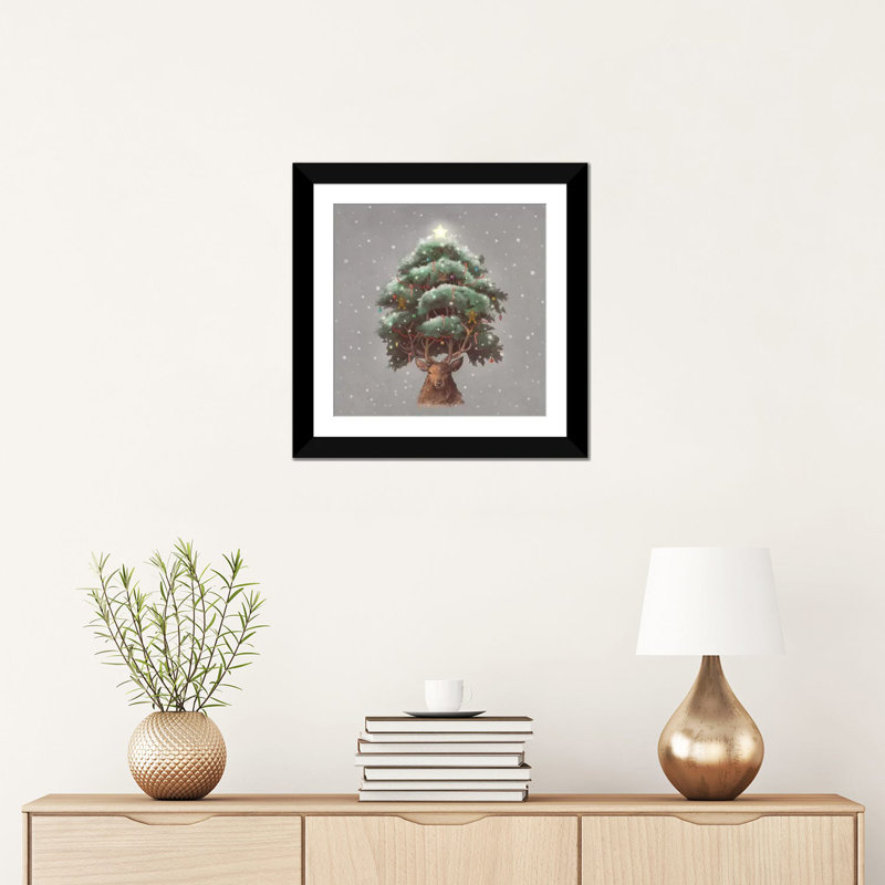 «Reindeer Tree», art sur toile, H 16 po x l 16 po x P 1 po, Papier d'art encadré noir, Blanc