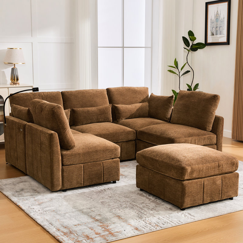 Canapé modulaire multifonctionnel brun 85,4 po avec ports de charge, support pour téléphone et coussins lombaires pour un décor contemporain en forme de L, mobilier flexible et ergonomique