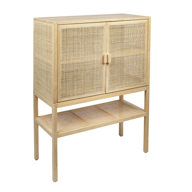 Armoire tissée en rotin et bois avec 2 portes, 1 tablette et 4 compartiments de rangement intérieurs, Naturel