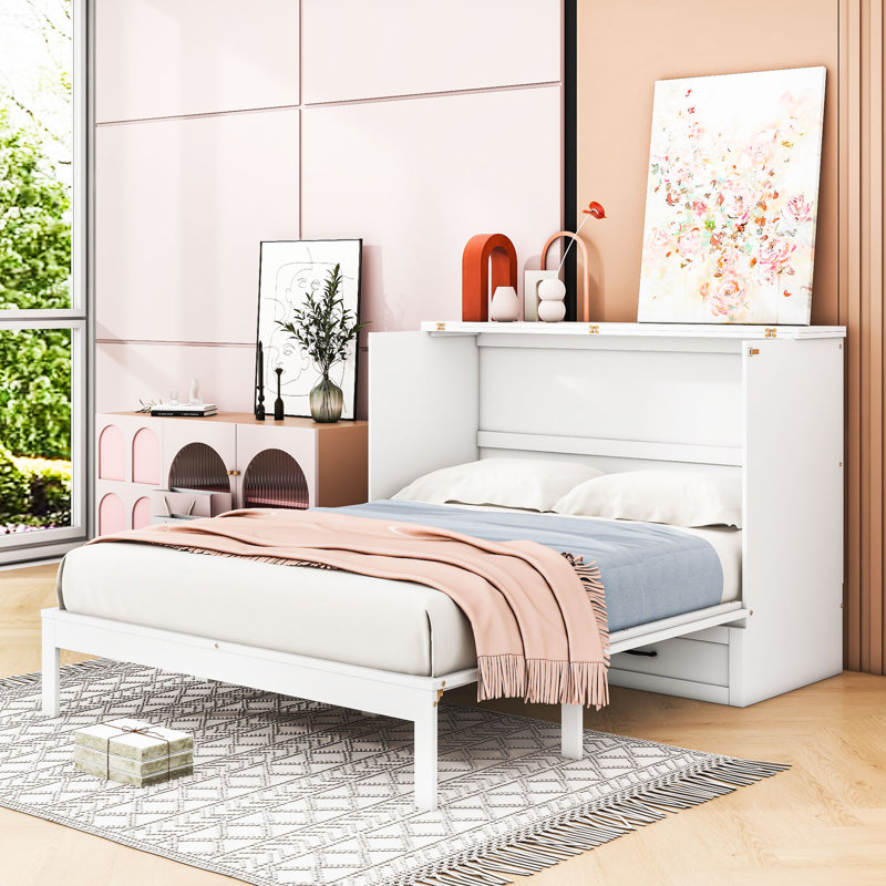  Lit escamotable en bois Giannettini avec grands tiroirs et port USB, Blanc, Grand