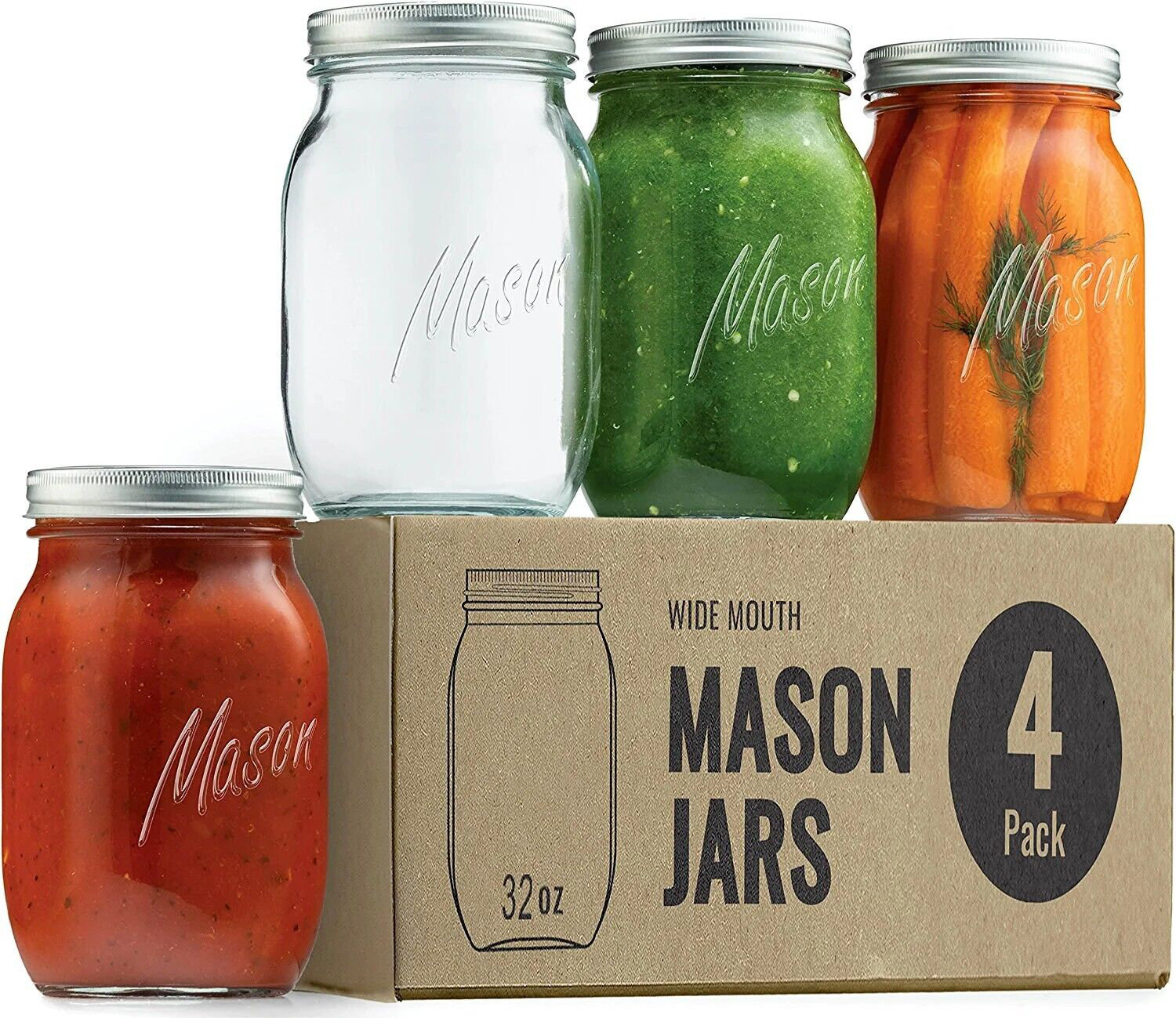 High-Quality Glass Mason Jars 32 Oz. 1 Quart 12 Pack Regular Mouth, Metal  Lid, 