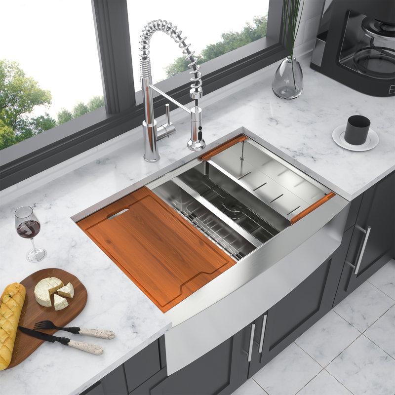Double Bowl Farmhouse Sink Workstation - 33 Inch Kitchen Sink Stainless Steel 16 Gauge Apron Front Kitchen Sink