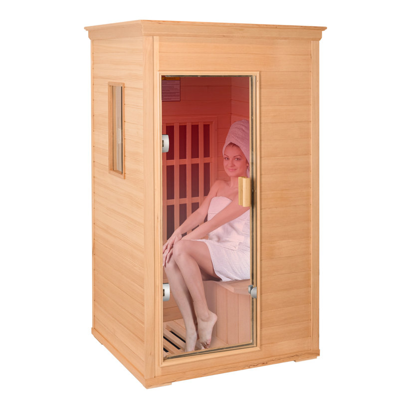Sauna sec infrarouge pour 1 personne, bois de pruche de 1000 W, porte en verre, lumières DEL rouges et Bluetooth, 4
