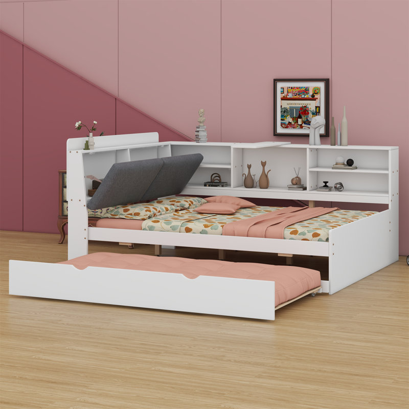 Platform Bed With Trundle, Shelves And Storage Headboard, White, Full