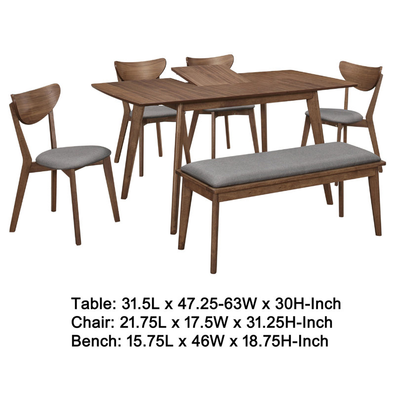 Table de salle à manger extensible Relo 6 pièces, banc, 4 chaises, brun noyer et gris