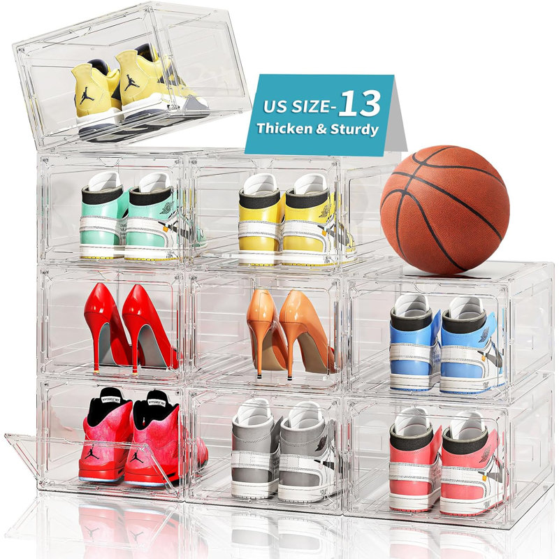 Durable Stackable Shoe Storage Boxes With Magnetic Door, Clear Drop Front Shoe Organizer For Closet, Sneaker Storage Container, Space-Saving Shoe Rack