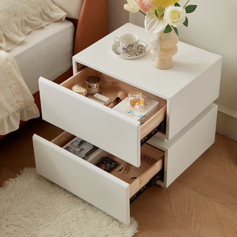 Modern Leather Textured Wraparound White Nightstand with Light Strip and 2 Drawers, Staple Stylish Beauty Space - Bedroom Nightstand, Side Table, No Assembly Required
