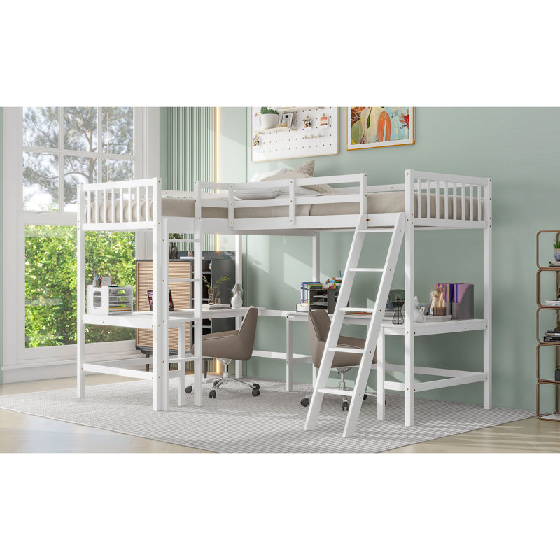Lit mezzanine simple en bois en L avec 2 bureaux encastrés et bureaux classiques blancs, Blanc