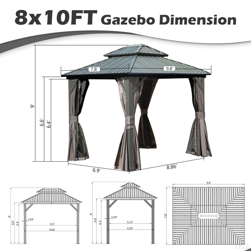 8' X 10' Hardtop Gazebo Permanent Metal Gazebo With Galvanized Steel Double Roof, Curtains And Netting For Party, Wedding, Outdoor Dining, Patio, Backyard