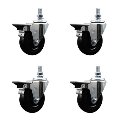 4 Inch_Hard Rubber ½ Inch Threaded Stem Caster Set with Brake