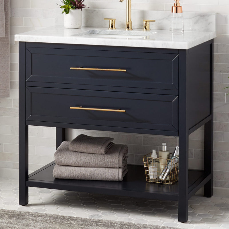 36" Robertson Single Bathroom Vanity Set with Rectangle Undermount Sink, Carrara Marble, 8" Widespread, Midnight Navy Blue