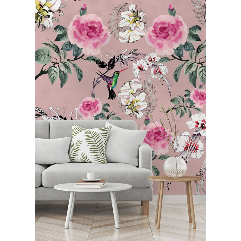 Papier peint amovible vintage roses roses avec oiseaux de fleurs nostalgiques, L 105,96 po x l 187 po