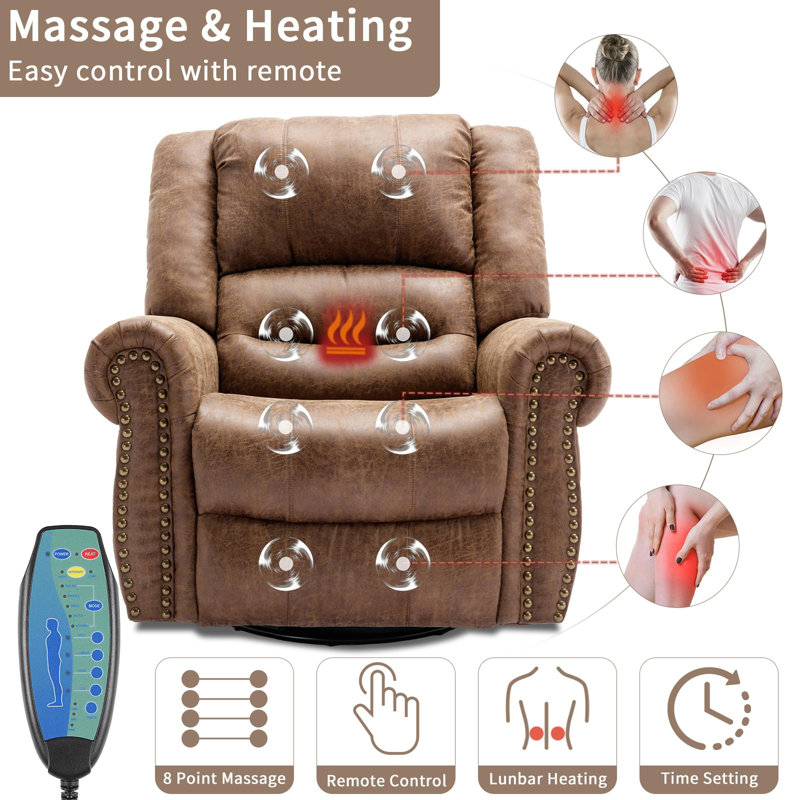  Manual Swivel Rocker Recliner With Heat And Vibration, 360° Swivel Glider Rocking Recliner, Ergonomic Lounge Massage Recliner Chairs With Side Pockets & Usb Ports, Nut Brown