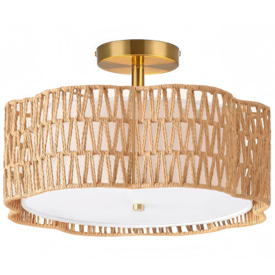 Rattan Flush Mount Ceiling Light Fixtures,Boho Rattan Chandelier with Drum Fabric Shade,3-Light Wicker Light Fixtures for Bedroom,Nursery Light Fixtures,Mini Chandelier Lighting for Dining Room