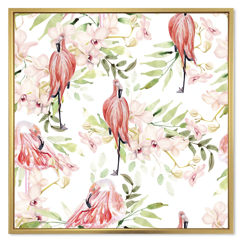 " Bright Pattern With Leaves Flowers, Flamingo Bird " Painting Print, Gold Framed, 31" H x 31" W x 1" D