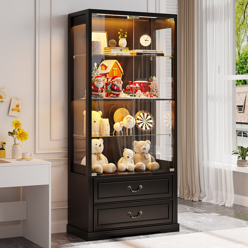 66" H Glass Display Cabinet with 2-Drawers & Led Lights,  Curio Cabinet with Adjustable Glass Shelves, Black