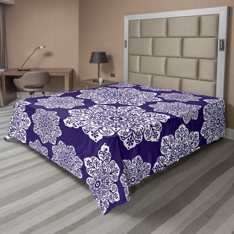 Ambesonne Top Flat Sheet Curving Art, White Dark Indigo Floral, California King Flat Sheet