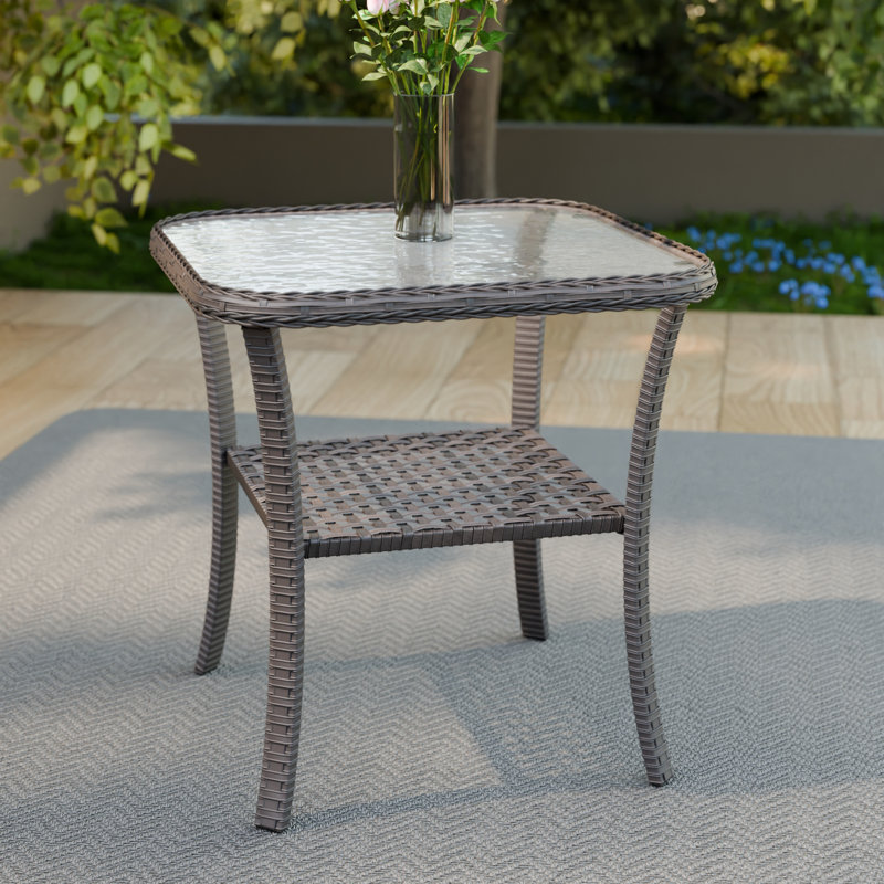 Table d'appoint en osier et rotin avec plateau en verre, Brun