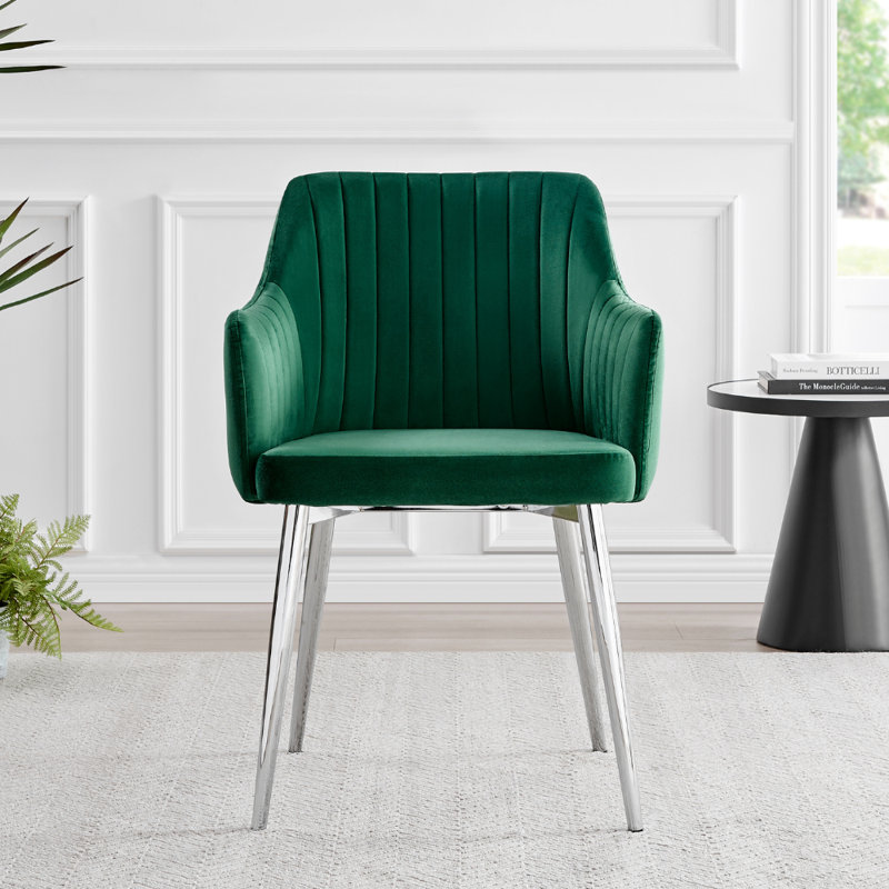 Calley Velvet Bucket Tub Chairs with Tapered Metal Legs and Vertical Stitching, Green, Silver