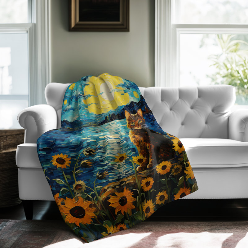 Chat dans une couverture de tournesols, Grand lit