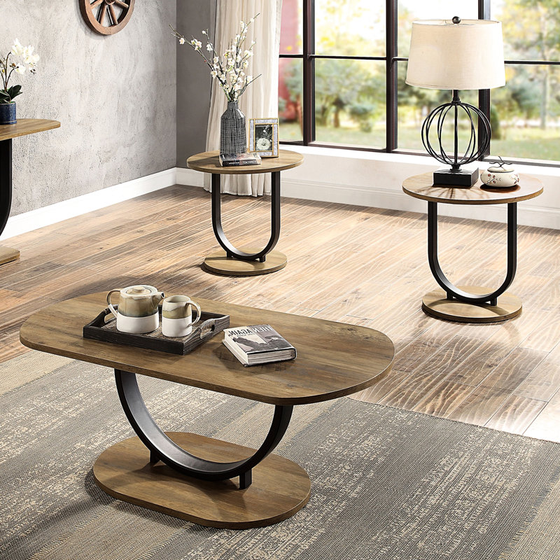Ensemble de 3 tables basses industrielles en chêne rustique et noir sable avec base en U en bois reproduit, 1 table ovale et 2 tables rondes